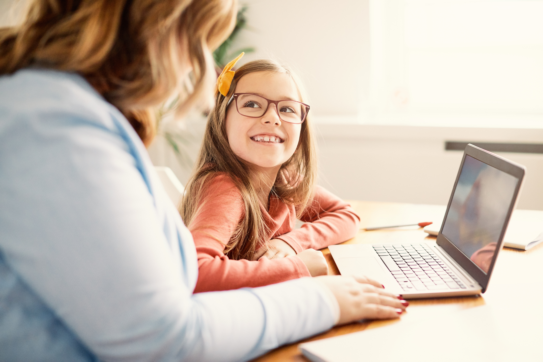 laptop computer education mother children daughter girl familiy childhood